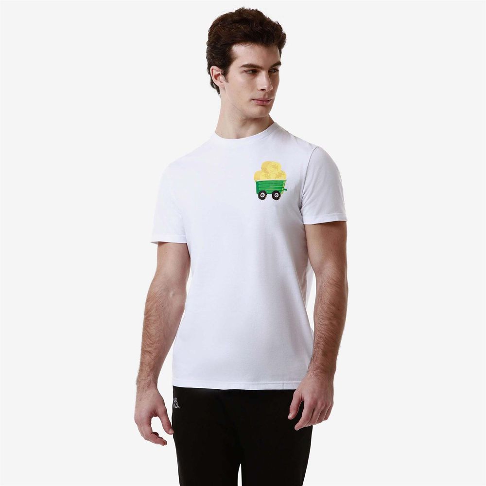 Men Kappa Authentic Graphik Leven T-Shirt White | 917268-EHF