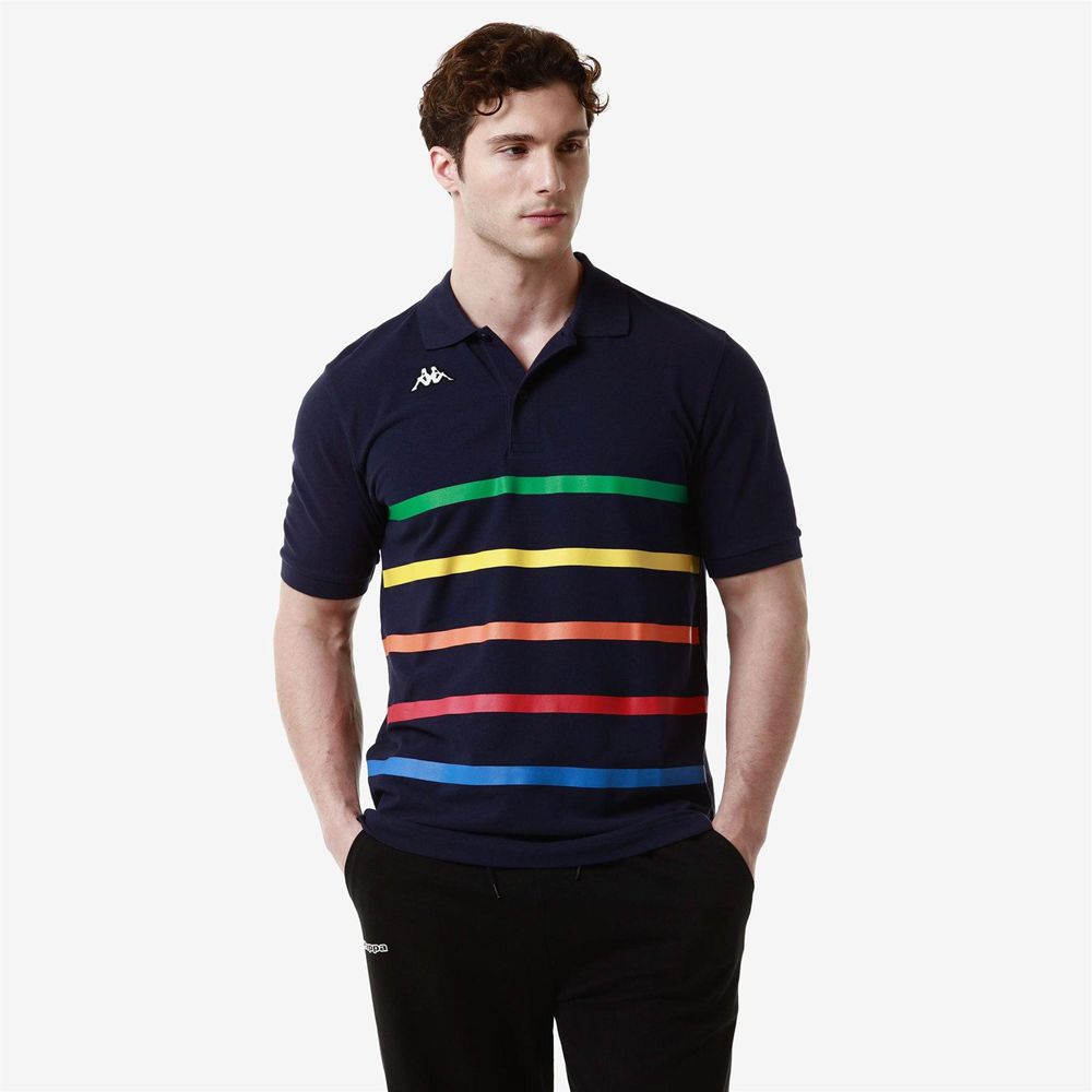 Men Kappa Logo Feystripe Polo Shirt Navy | 815326-OUS